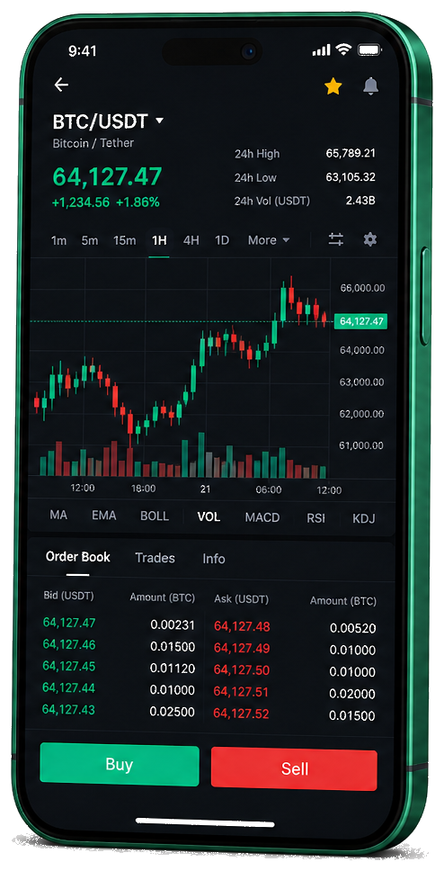 Mobiele handelsinterface van Restewardom — live BTC/USDT-grafiek met orderboek en functies voor kopen en verkopen